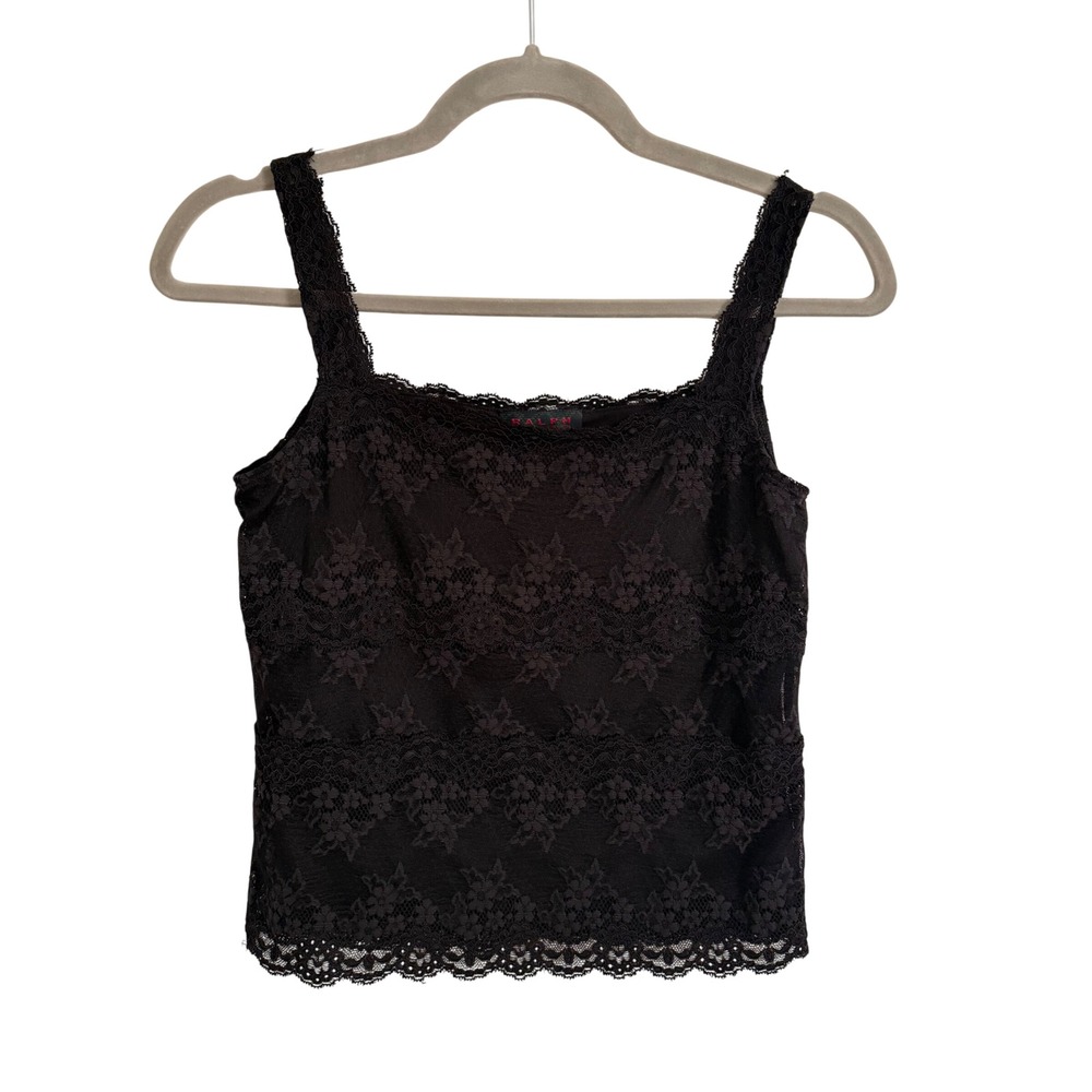 Vintage Ralph Lauren Y2K Black Floral Lace Camisole Square Neck Tank Top XS